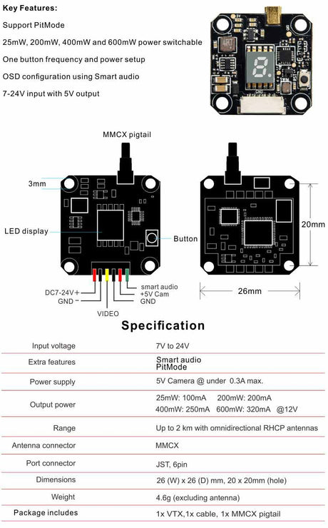 AKK FX3 5.8GHz Video Transmitter (20x20mm / 25-600mW / MMCX to SMA) | RC-N-Go